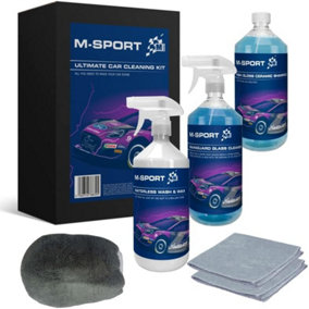 MSPORT Ultimate Car Cleaning Kit - 1 x 1L Waterless Wash and Wax, 1L Rainguard Glass Cleaner, 1L High Gloss Ceramic Shampoo, Wash
