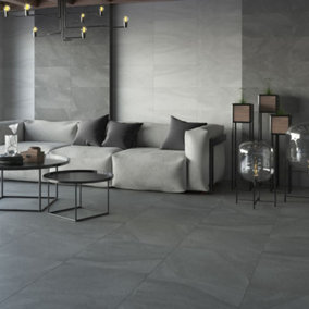 Muiz Plain Stone Effect Porcelain Tile 60 x 60cm / Dark Grey