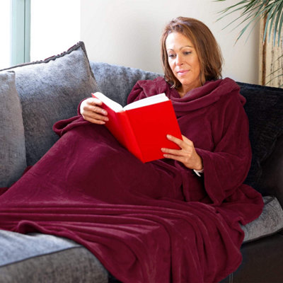 Mulberry Red Snug Rug Deluxe Blanket With Sleeves Luxury Cosy Super Soft Coral Fleece Fabric Long Oversized Pouch Pocket Adults DIY at B Q