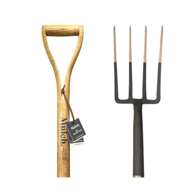 Mulch. Garden Border Fork - Graphite Grey - Strengthened High Carbon Steel Shaft - Hand Stained Straight Grained Ash Handle
