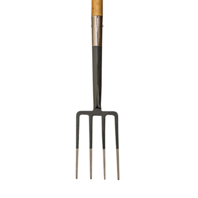 Mulch. Garden Border Fork - Graphite Grey - Strengthened High Carbon Steel Shaft - Hand Stained Straight Grained Ash Handle - 4