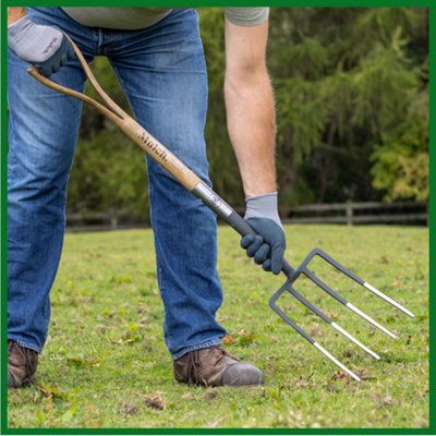 Mulch. Garden Digging Fork - Graphite Grey - Strengthened High Carbon Steel Shaft - Hand Stained Straight Grained Ash Handle - 6