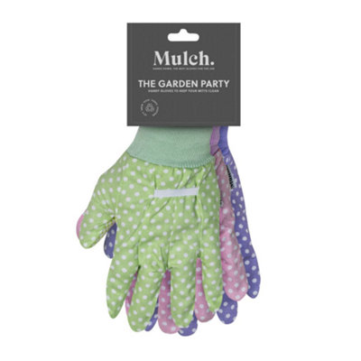 Mulch. Polka Dot Gardening Gloves Triple Pack Cotton Pastel Colours Dotty Grip Palm - Medium Size 8