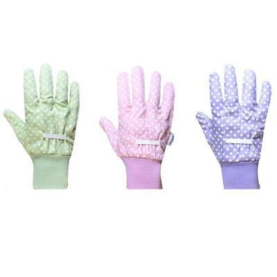 Mulch. Polka Dot Gardening Gloves Triple Pack Cotton Pastel Colours Dotty Grip Palm - Medium Size 8