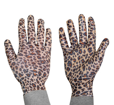 Mulch. The Wild Thing Leopard Print Gardening Gloves - 100% Polyester - Water Resistant Nitrile Palm - Medium Size 8 - 1 Pair