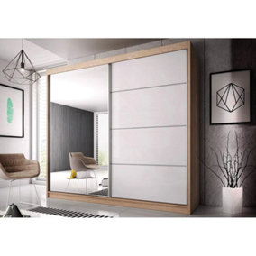MULTI 183cm - Oak Sonoma Sliding Door Wardrobe with Mirrored And White Gloss Doors (H)2180mm (W)1830mm (D)610mm