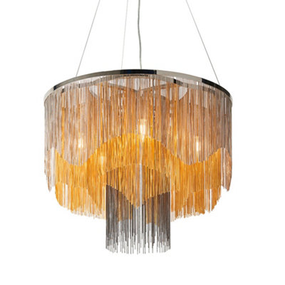 Multi Arm Ceiling Pendant Light - Polished Nickel - Gold & Black Waterfall Chain