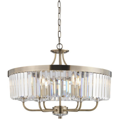 Multi Arm Hanging Ceiling Pendant Light - Antique Brass Plate & Clear Cut Glass Shade - 6 x 6W LED E14