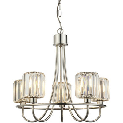 Multi Arm Hanging Ceiling Pendant Light - Bright Nickel Plate & Clear Glass - 5 X 6W LED E14