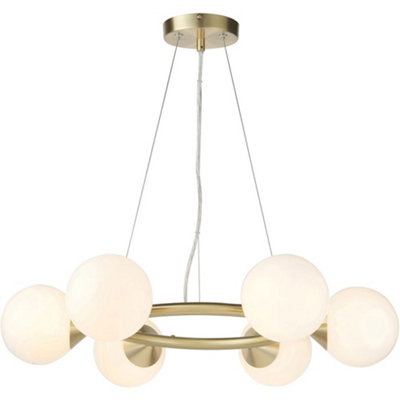 Multi Arm Hanging Ceiling Pendant Light - Satin Brass Plate & Gloss White Glass Shade - 6 x 3W LED G9