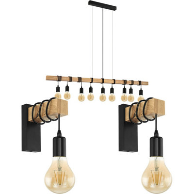 Multi Bulb Ceiling Pendant Light & 2x Matching Wall Lights Black & Wood Trendy