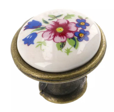Multi coloured ceramic knobs drawer pull cupboard door knobs porcelain china Pink Flower Brass