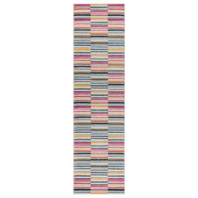 Multi-Coloured Stripe Funky Modern Easy to Clean Optical/ (3D) Rug For DiningRoom-66 X 240cm (Runner)