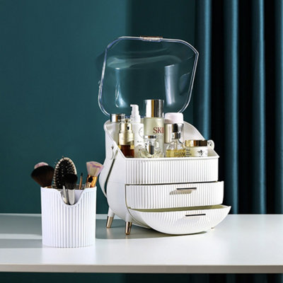 Multi-Function Waterproof Dustproof Freestanding Makeup Storage Organizer Box with Drawers and Handle White
