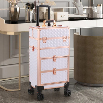 Multi-functional 4 in 1 White Cosmetic Trolley Makeup Case with Detachable Beauty Storage Box