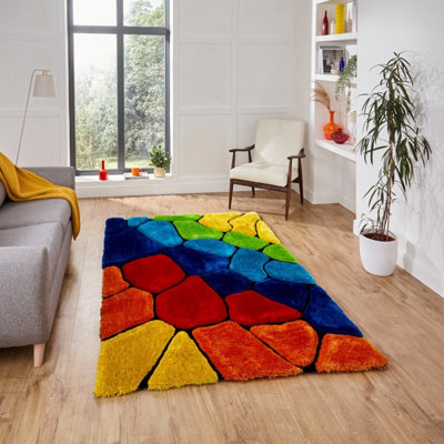 Multi Funky Modern Abstract Shaggy Easy to clean Rug for Dining Room ...