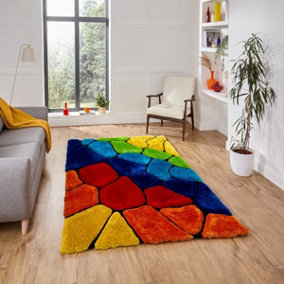 Multi Funky Modern Abstract Shaggy Easy to clean Rug for Dining Room Bed Room and Living Room-120cm X 170cm