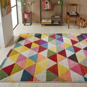 Multi Geometric Chequered Modern Easy to Clean Rug For Dining Room-160cm X 220cm