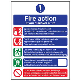 Multi Language Fire Action Safety Sign - Rigid Plastic 200x300mm (x3)