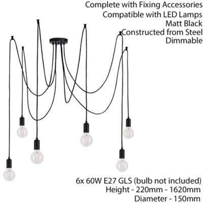 Multi Light Ceiling Pendant 6 Bulb Matt Black Industrial Adjustable ...