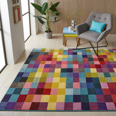 Multi Modern Geometric Easy to Clean Rug For Dining Room-80cm X 150cm