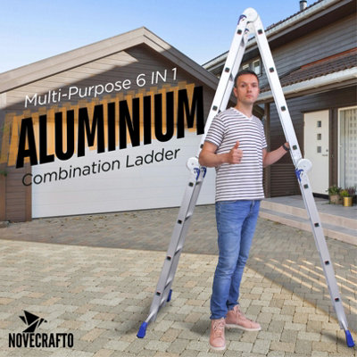 Yakimz Multifunctionele ladder 4x4 treden 4.7M 7 in 1 aluminium multifunctionele ladder | tot 150 kg, multifunctionele ladder met 2 transportwielen en 2 platform, vouwladder, ladder ladder ladder