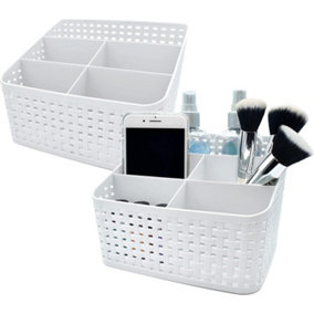 Multi Purpose Cosmetic Storage Basket Perfect Bedroom Bathroom Office Bedside Storage Cosmetics Stationery (White - 2 Pack)