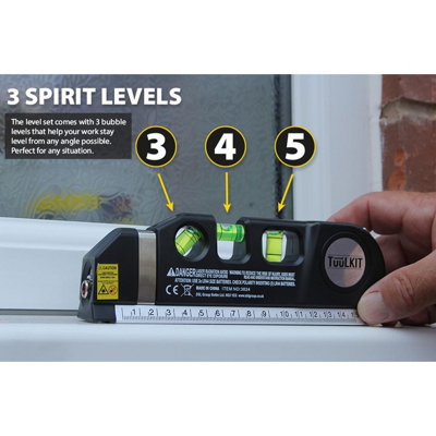 Multi-Purpose Laser Level Compact DIY Tool with 3 Bubble Spirit Levels, 3 Laser Modes & 8ft Measuring Tape - H6.3 x W19 x D2.8cm