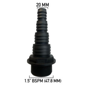 multi sized connector for use with pond pumps and filters,1.5" bsp thread,fits 20/25/32/40mm pipe