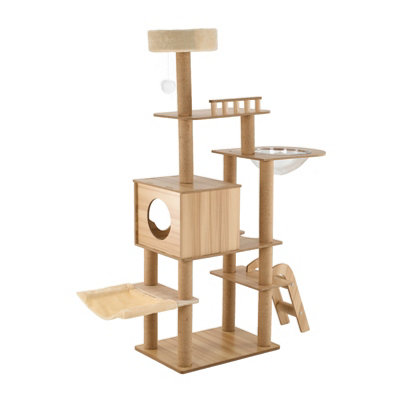 Multi-Tier Wooden Climbing Cat Tree with Scratching Posts, 160cm (H)