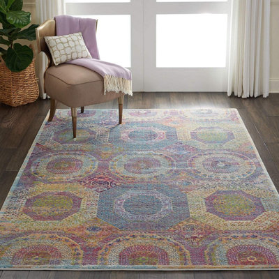 Multi Traditional Easy to Clean Geometric Rug For Dining Room Bedroom ...