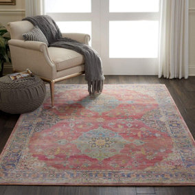 Multi Traditional Persian Easy to Clean Floral Rug For Bedroom Dining Room Living Room -122cm (Circle)