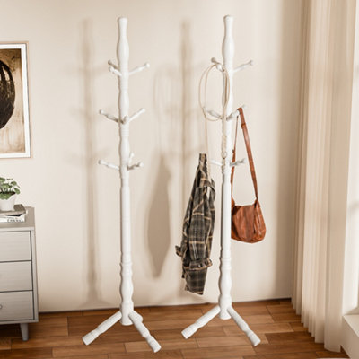 MULTIBAO Posh Solid Wood Coat Stand - 9 Hooks Elegant Rack - Cream White