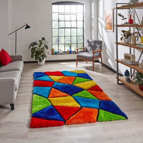Multicolored Acrylic Funky Modern Shaggy Geometrical Rug for Living Room, Bedroom - 120cm X 170cm