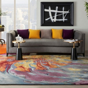 Multicolored Viscose , Wool Abstract , Optical/(3D) Handmade , Luxurious , Wool Rug for Living Room, Bedroom - 114cm X 175cm