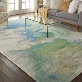 Multicolored Viscose , Wool Abstract , Optical/(3D) Handmade , Luxurious ,  Wool Rug for Living Room, Bedroom - 236cm X 297cm