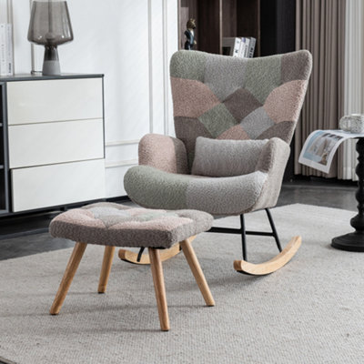 Multicolour Patchwork Fabric Rocking Chair with Footstool, Wingback ...