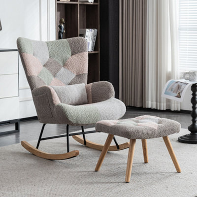 Multicolour Patchwork Fabric Rocking Chair with Footstool, Wingback ...