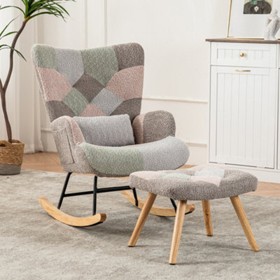 Multicolour Patchwork Fabric Rocking Chair with Footstool, Wingback ...