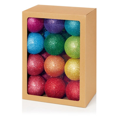 Multicoloured Christmas Baubles Set 24 Medium Shatterproof Glitter Rainbow (Dia 60mm)