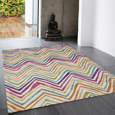 MultiColoured Funky Modern Abstract Easy To Clean Dining Room Rug-120cm X 170cm