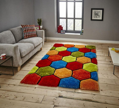 MultiColoured Handmade Modern Shaggy Geometric Rug Easy to clean for Living Room and Bedroom-150cm X 230cm