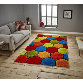 MultiColoured Handmade Modern Shaggy Geometric Rug Easy to clean for Living Room and Bedroom-150cm X 230cm