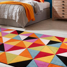 Multicoloured Modern Easy Geometric Rug For Dining Room-66 X 230cm (Runner)
