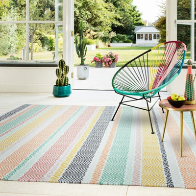 MultiColoured Outdoor Rug, Geometric Striped Stain-Resistant Rug For ...
