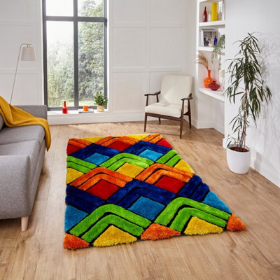 MultiColoured Shaggy Funky Modern Geometric Rug for Bedroom & Living ...