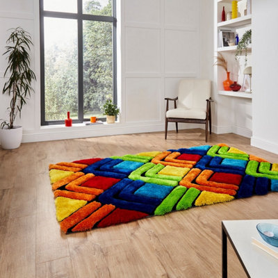 MultiColoured Shaggy Funky Modern Geometric Rug for Bedroom & Living Room-150cm X 230cm