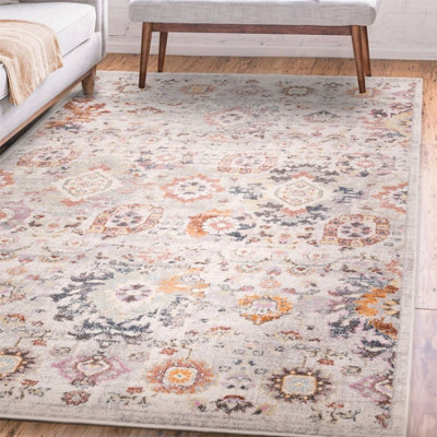 MultiColoured Traditional Persian Abstract Bordered Floral Easy To Clean Rug For Dining Room-120cm X 170cm