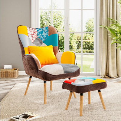 Multicoloured Upholstered Wingback Armchair with Footrest and Lumbar Pillow