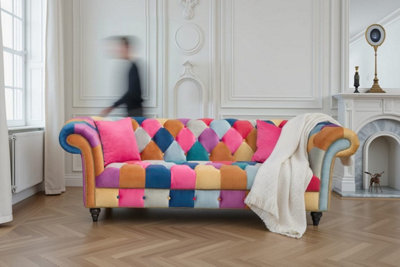Multicoloured Velvet Patchwork 2 Seater Scroll Arm Chesterfield Sofa